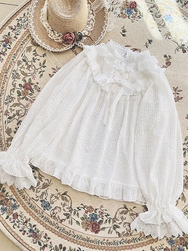 Sweet Lolita Blouses Apricot Long Sleeves Lolita Top Lace Ruffles Lolita Shirt - Image 4
