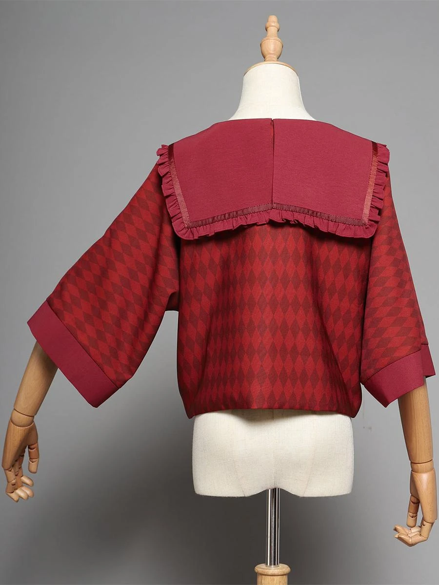 Kimono Red Long Sleeves Ruffles Plaid - Image 2