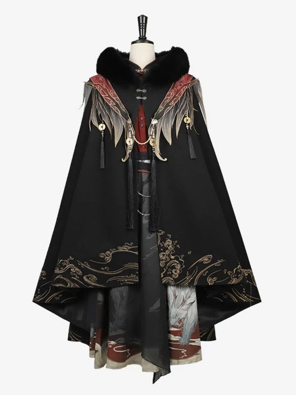 Chinese Style Lolita Cape Chinese Black Polyester Pearls Fringe Metallic Winter Lolita Outwears - Image 5