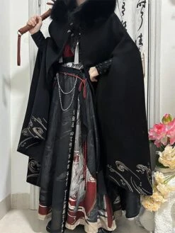 Chinese Style Lolita Cape Chinese Black Polyester Pearls Fringe Metallic Winter Lolita Outwears