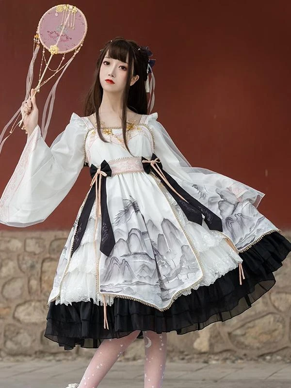 Chinese Style Lolita Dress Bows Long Sleeves Polyester Chinese Style Floral Print Light Sky Blue Chinese Style Lolita - Image 10