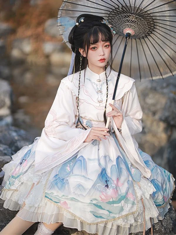 Chinese Style Lolita Dress Bows Long Sleeves Polyester Chinese Style Floral Print Light Sky Blue Chinese Style Lolita - Image 6