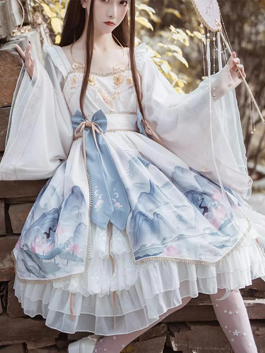 Chinese Style Lolita Dress Bows Long Sleeves Polyester Chinese Style Floral Print Light Sky Blue Chinese Style Lolita - Image 5