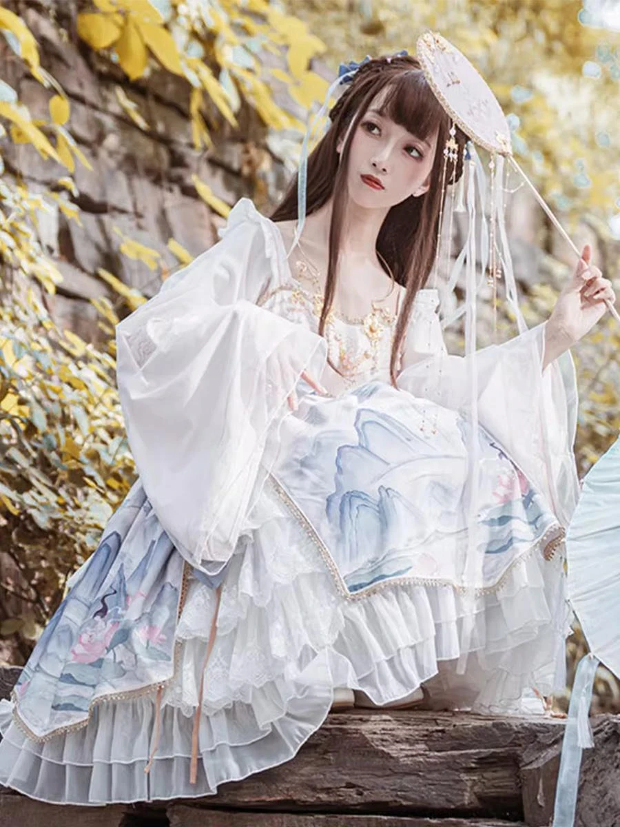 Chinese Style Lolita Dress Bows Long Sleeves Polyester Chinese Style Floral Print Light Sky Blue Chinese Style Lolita - Image 4