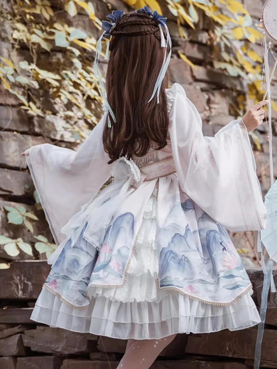 Chinese Style Lolita Dress Bows Long Sleeves Polyester Chinese Style Floral Print Light Sky Blue Chinese Style Lolita - Image 3
