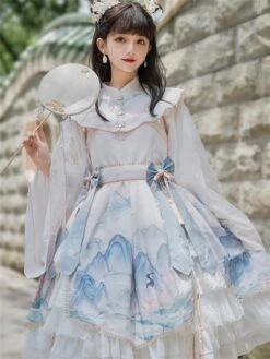 Chinese Style Lolita Dress Bows Long Sleeves Polyester Chinese Style Floral Print Light Sky Blue Chinese Style Lolita