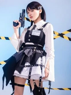 Gothic Lolita Outfits Black Grommets Long Sleeves Top Skirt