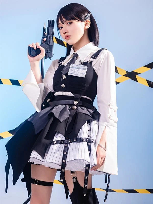 Gothic Lolita Outfits Black Grommets Long Sleeves Top Skirt