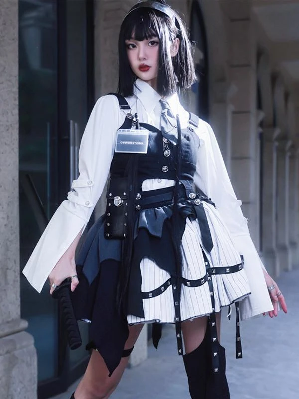 Gothic Lolita Outfits Black Grommets Long Sleeves Top Skirt - Image 4