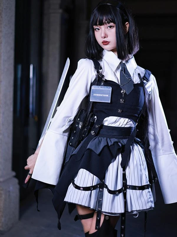 Gothic Lolita Outfits Black Grommets Long Sleeves Top Skirt - Image 5