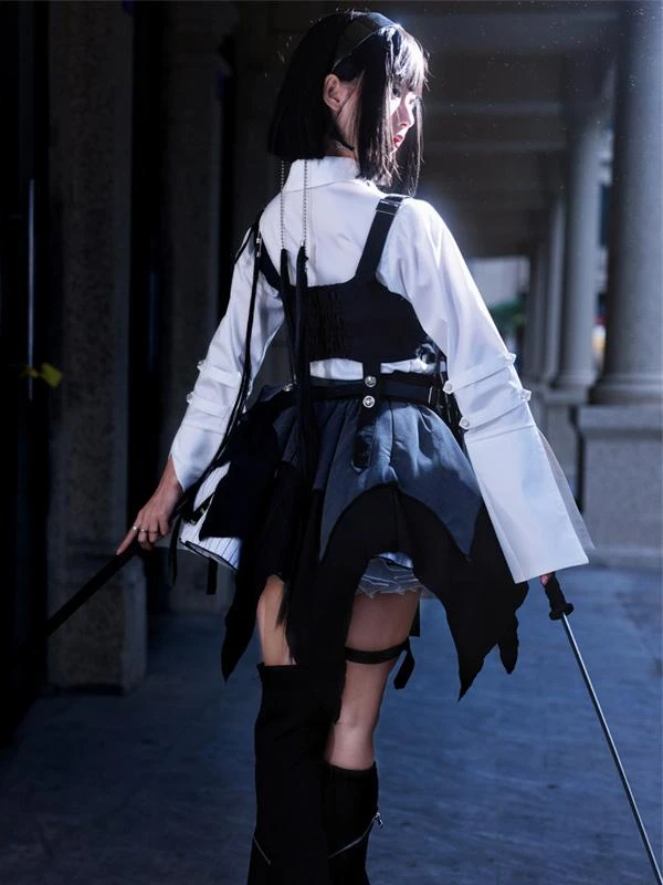 Gothic Lolita Outfits Black Grommets Long Sleeves Top Skirt - Image 6