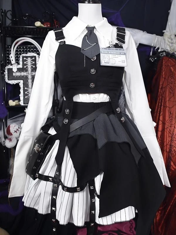 Gothic Lolita Outfits Black Grommets Long Sleeves Top Skirt - Image 7