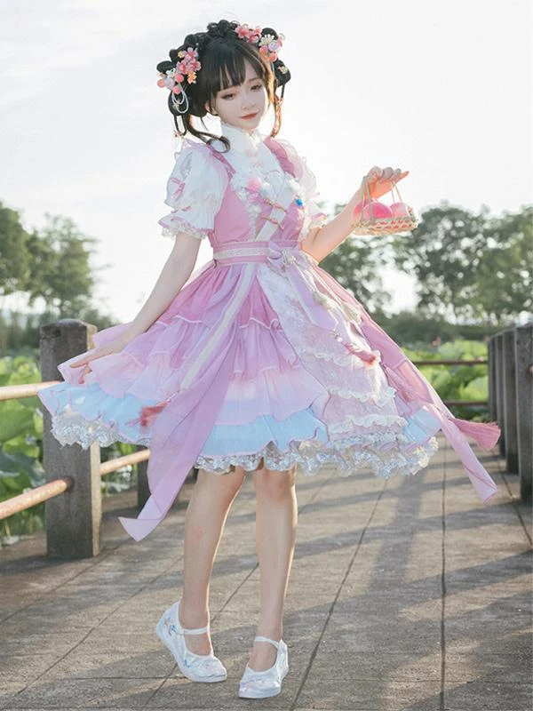 Chinese Style Lolita Dress Ruffles Sleeveless Polyester Chinese Style Lace Pink Chinese Style Lolita - Image 2