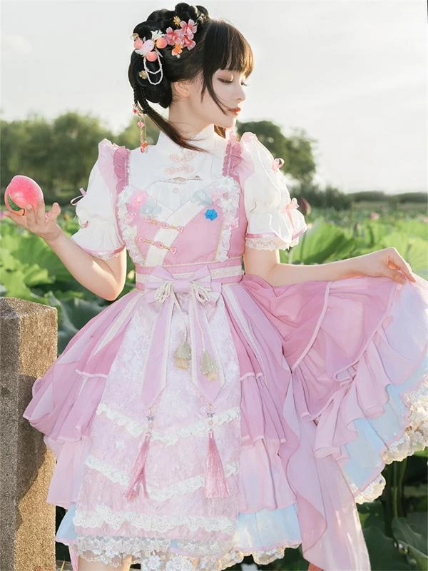 Chinese Style Lolita Dress Ruffles Sleeveless Polyester Chinese Style Lace Pink Chinese Style Lolita - Image 3