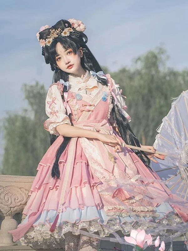 Chinese Style Lolita Dress Ruffles Sleeveless Polyester Chinese Style Lace Pink Chinese Style Lolita - Image 7