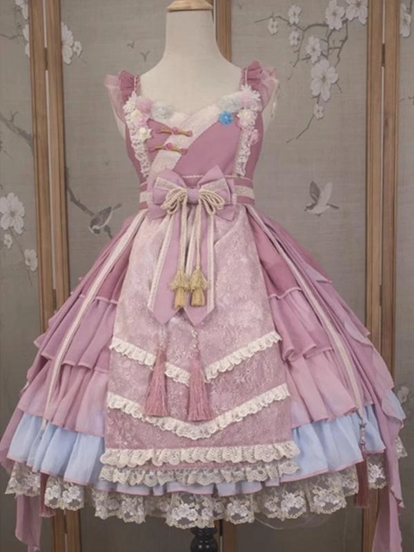 Chinese Style Lolita Dress Ruffles Sleeveless Polyester Chinese Style Lace Pink Chinese Style Lolita - Image 8