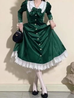 Classical Lolita Dress Velour Short Sleeves Color Block Lolita Dresses Classic Deep Blue