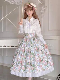 Cottagecore Dress Pastoral Style Lolita Skirt Floral Print White Ruffles Lolita Skirts
