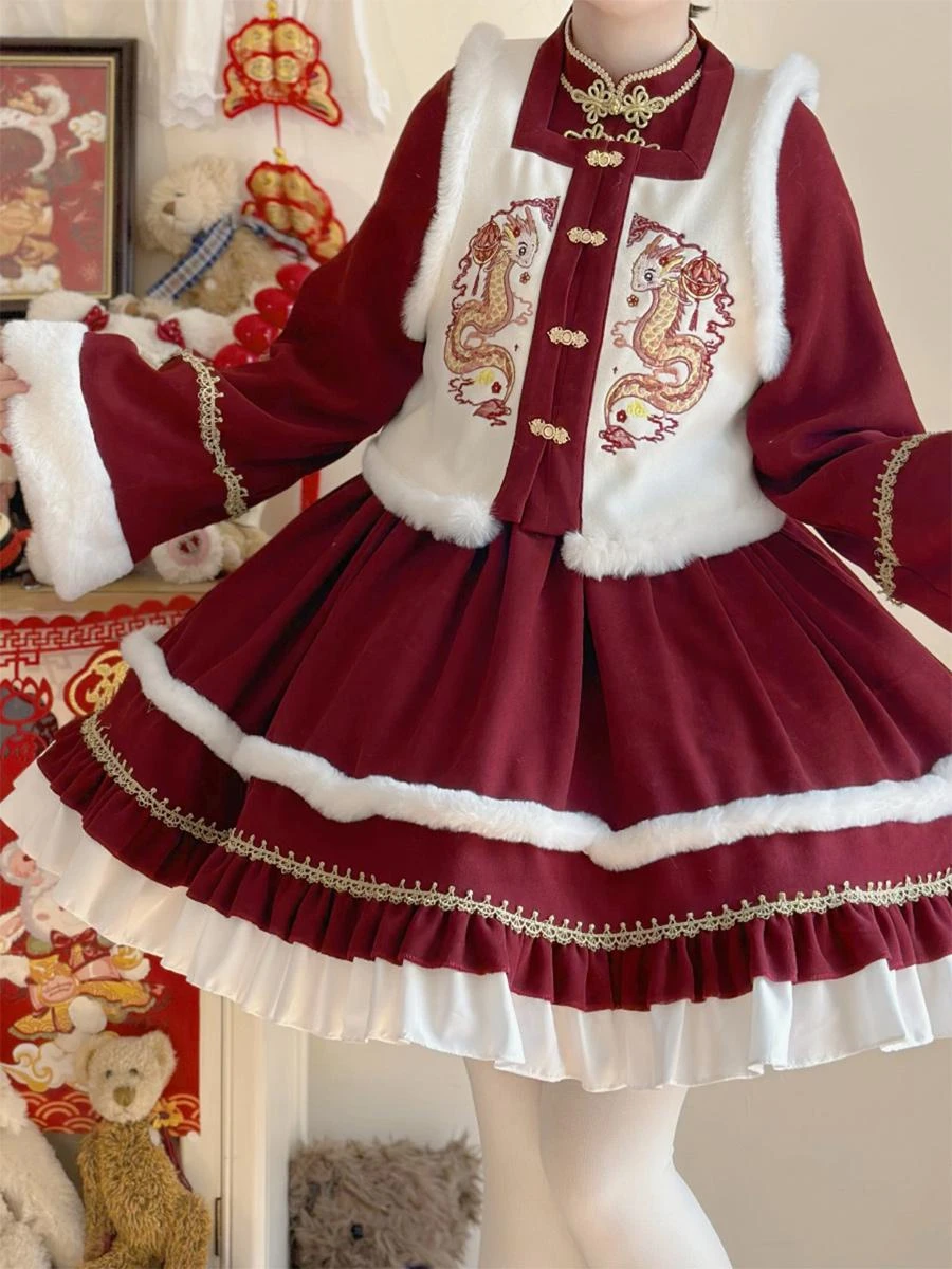 Chinese Style Lolita Dress Ruffles Long Sleeves Polyester Chinese Style Red Chinese Style Lolita - Image 6