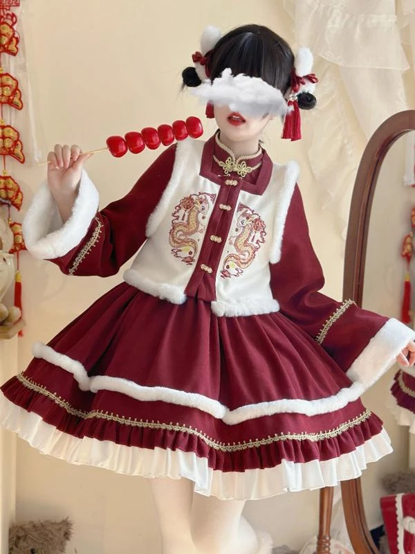 Chinese Style Lolita Dress Ruffles Long Sleeves Polyester Chinese Style Red Chinese Style Lolita