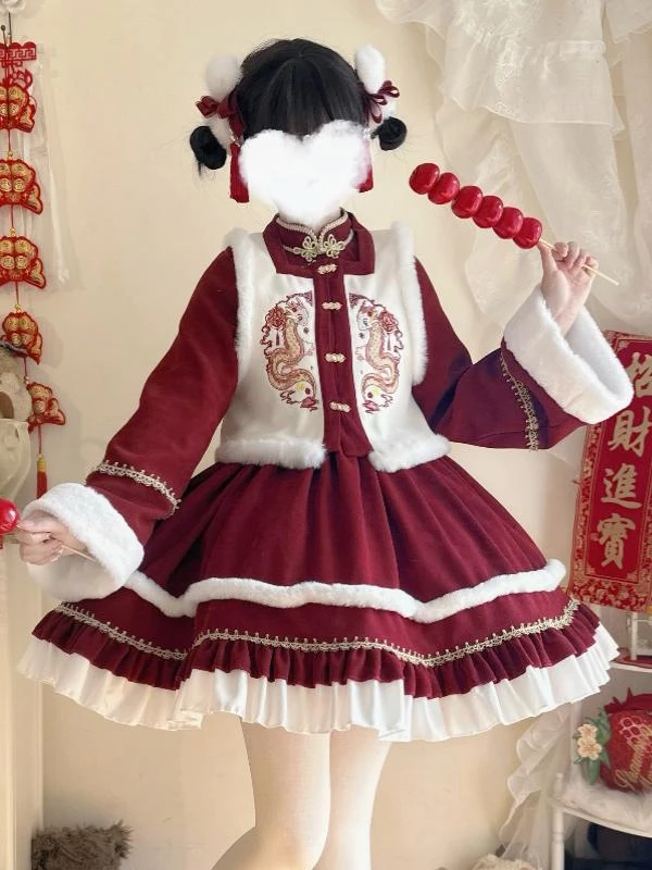 Chinese Style Lolita Dress Ruffles Long Sleeves Polyester Chinese Style Red Chinese Style Lolita - Image 2