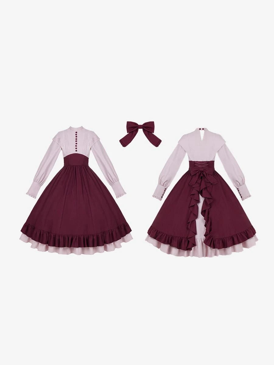 Classical Lolita Dress Polyester Long Sleeves Lolita Dresses Classic Burgundy - Image 7