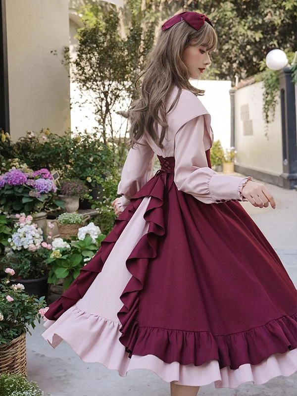 Classical Lolita Dress Polyester Long Sleeves Lolita Dresses Classic Burgundy - Image 5