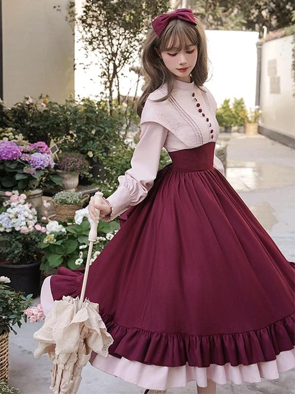 Classical Lolita Dress Polyester Long Sleeves Lolita Dresses Classic Burgundy - Image 4