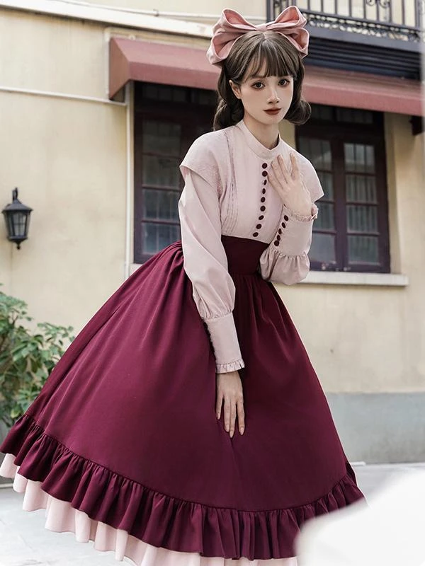 Classical Lolita Dress Polyester Long Sleeves Lolita Dresses Classic Burgundy - Image 2