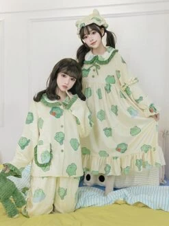 Sweet Lolita Outfits Green Ruffles Floral Print Long Sleeves Pants Hat Top