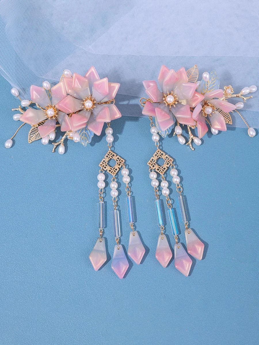 Chinese Style Lolita Accessories Pink Flowers Pearls Headwear Metal Miscellaneous