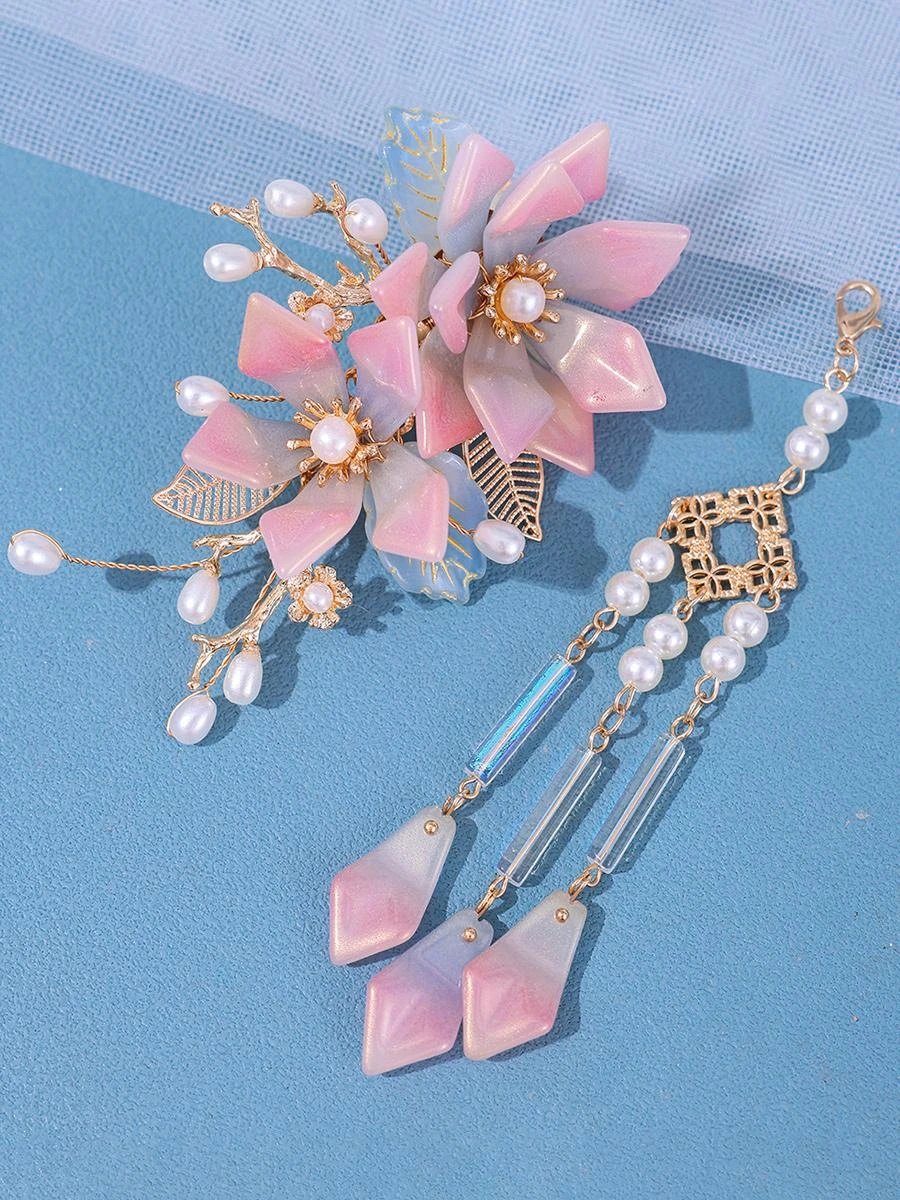 Chinese Style Lolita Accessories Pink Flowers Pearls Headwear Metal Miscellaneous - Image 2