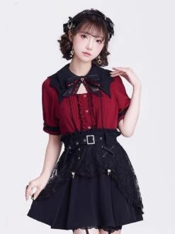 Steampunk Lolita Blouses Ruffles Lace Lolita Top Short Sleeves Blouse Burgundy Lolita Shirt