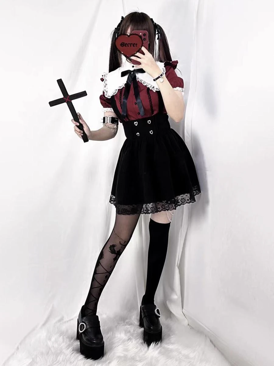 Steampunk Lolita Outfits Black Ruffles Bows Short Sleeves Blouse Skirt - Image 4