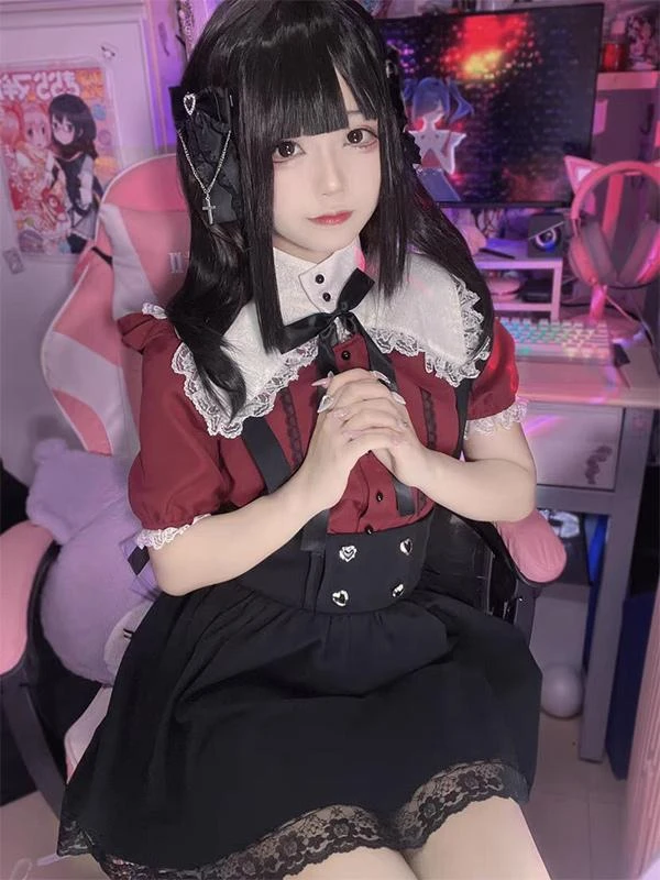 Steampunk Lolita Outfits Black Ruffles Bows Short Sleeves Blouse Skirt - Image 2