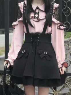 Gothic Lolita Outfits Pink Ruffles Bows Lace Long Sleeves Skirt Blouse