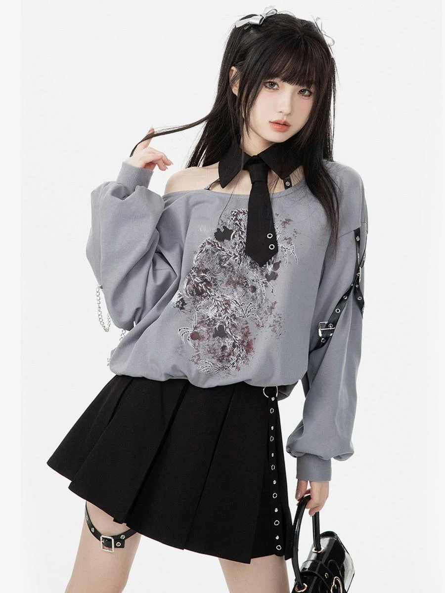 Gothic Lolita Outfits Gray Metal Details Floral Print Long Sleeves Skirt Top - Image 4
