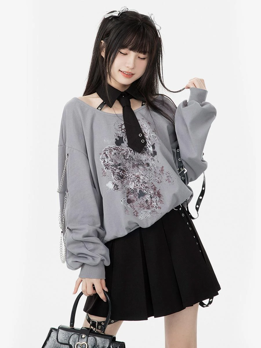 Gothic Lolita Outfits Gray Metal Details Floral Print Long Sleeves Skirt Top - Image 3