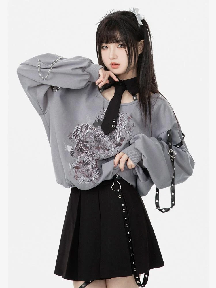 Gothic Lolita Outfits Gray Metal Details Floral Print Long Sleeves Skirt Top - Image 2