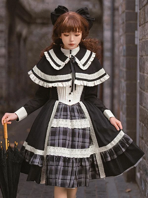 Gothic Lolita Dresses Bows Ruffles Plaid Black Black