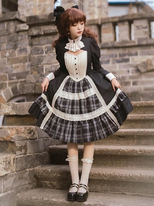 Gothic Lolita Dresses Bows Ruffles Plaid Black Black - Image 2