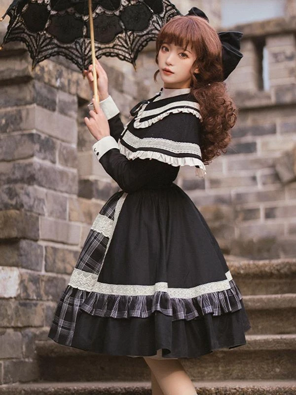 Gothic Lolita Dresses Bows Ruffles Plaid Black Black - Image 3
