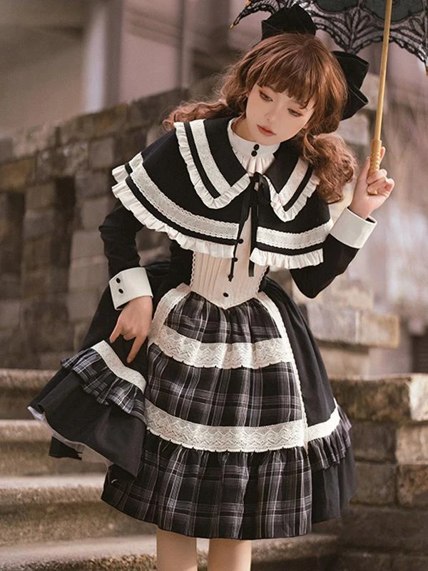Gothic Lolita Dresses Bows Ruffles Plaid Black Black - Image 4