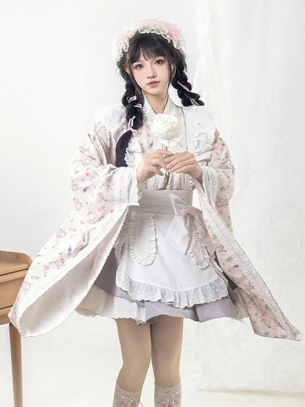 Japanese Style Lolita Costumes Lolita Dresses Polyester Bows Floral Print Kimono Long Sleeves Pink - Image 2