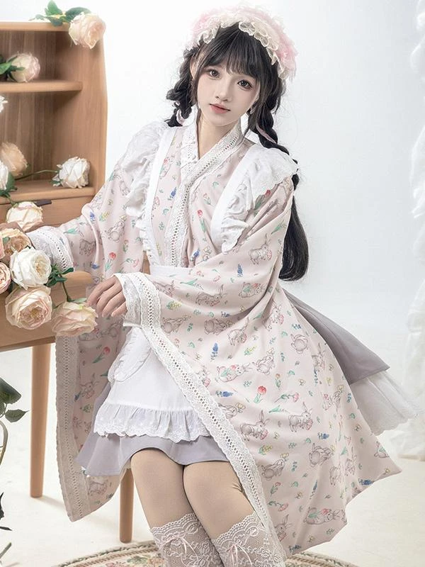 Japanese Style Lolita Costumes Lolita Dresses Polyester Bows Floral Print Kimono Long Sleeves Pink - Image 5