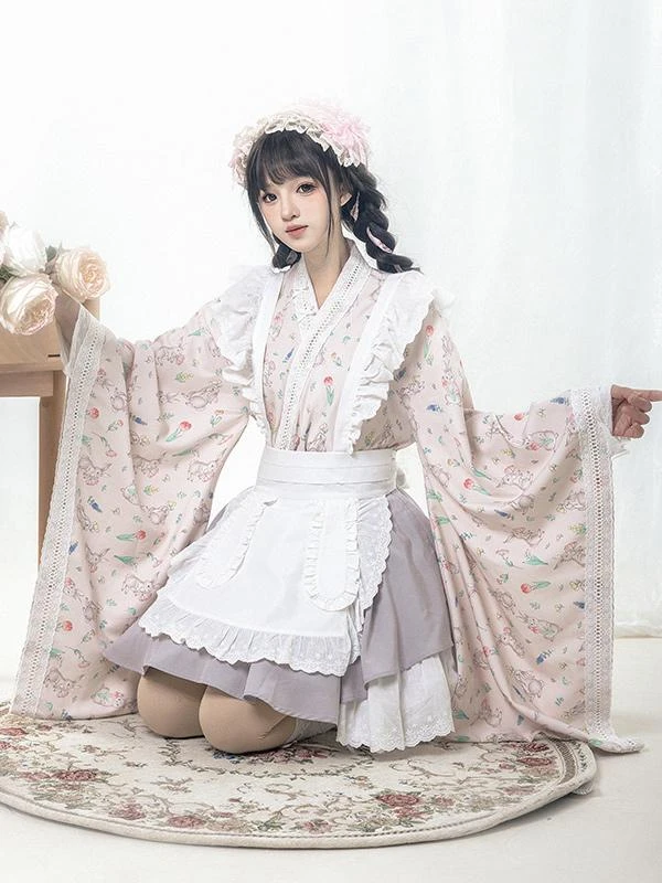 Japanese Style Lolita Costumes Lolita Dresses Polyester Bows Floral Print Kimono Long Sleeves Pink - Image 7