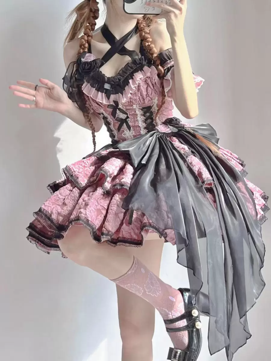Gothic Lolita Dresses Flowers Ruffles Floral Print Pink Pink