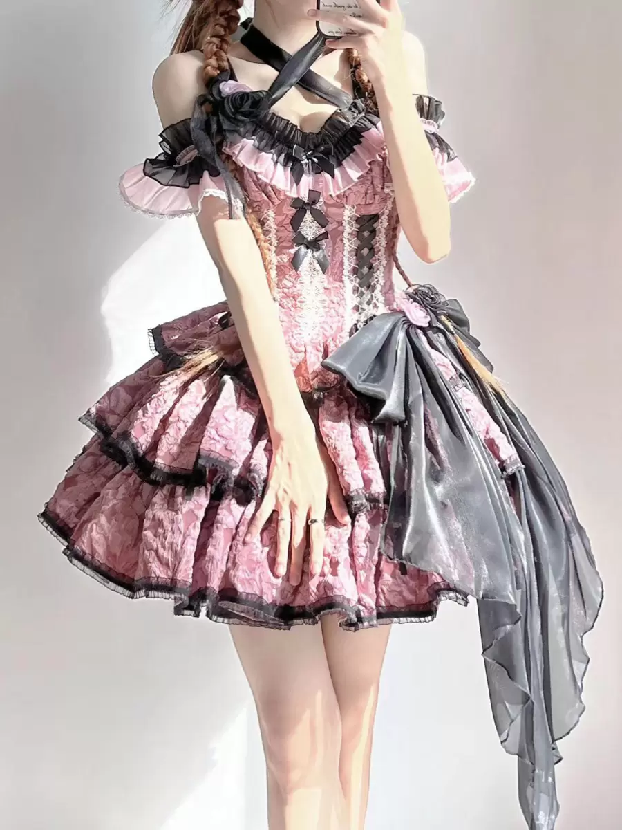 Gothic Lolita Dresses Flowers Ruffles Floral Print Pink Pink - Image 2