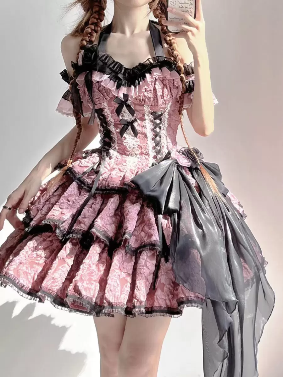 Gothic Lolita Dresses Flowers Ruffles Floral Print Pink Pink - Image 3