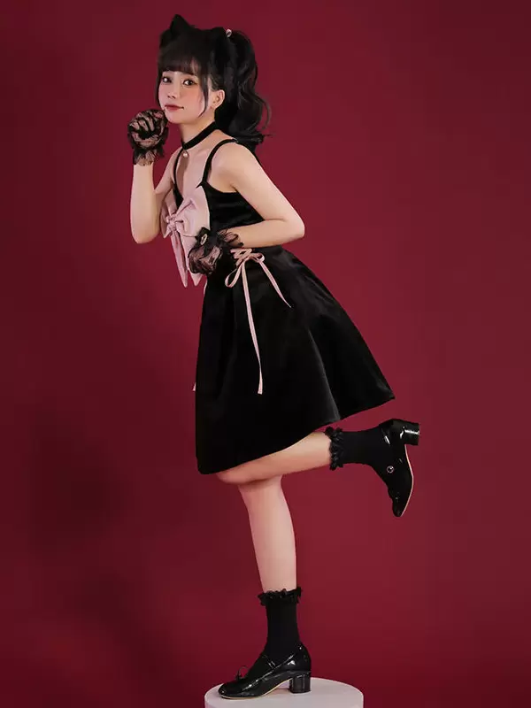 Gothic Lolita Dresses Lace Up Bows Black Pink - Image 3